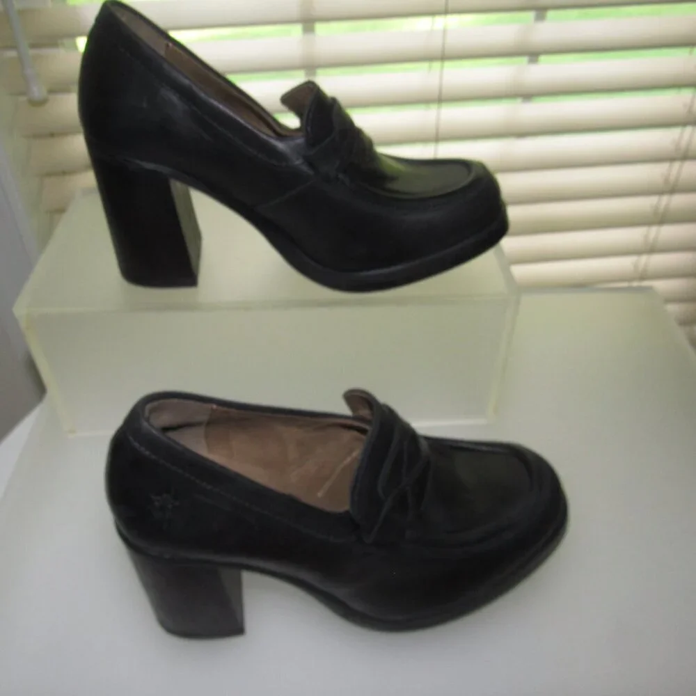 Fly London Black Leather Platform Loafer Block Heel Shoes 39– Preppy Y2K Chunky